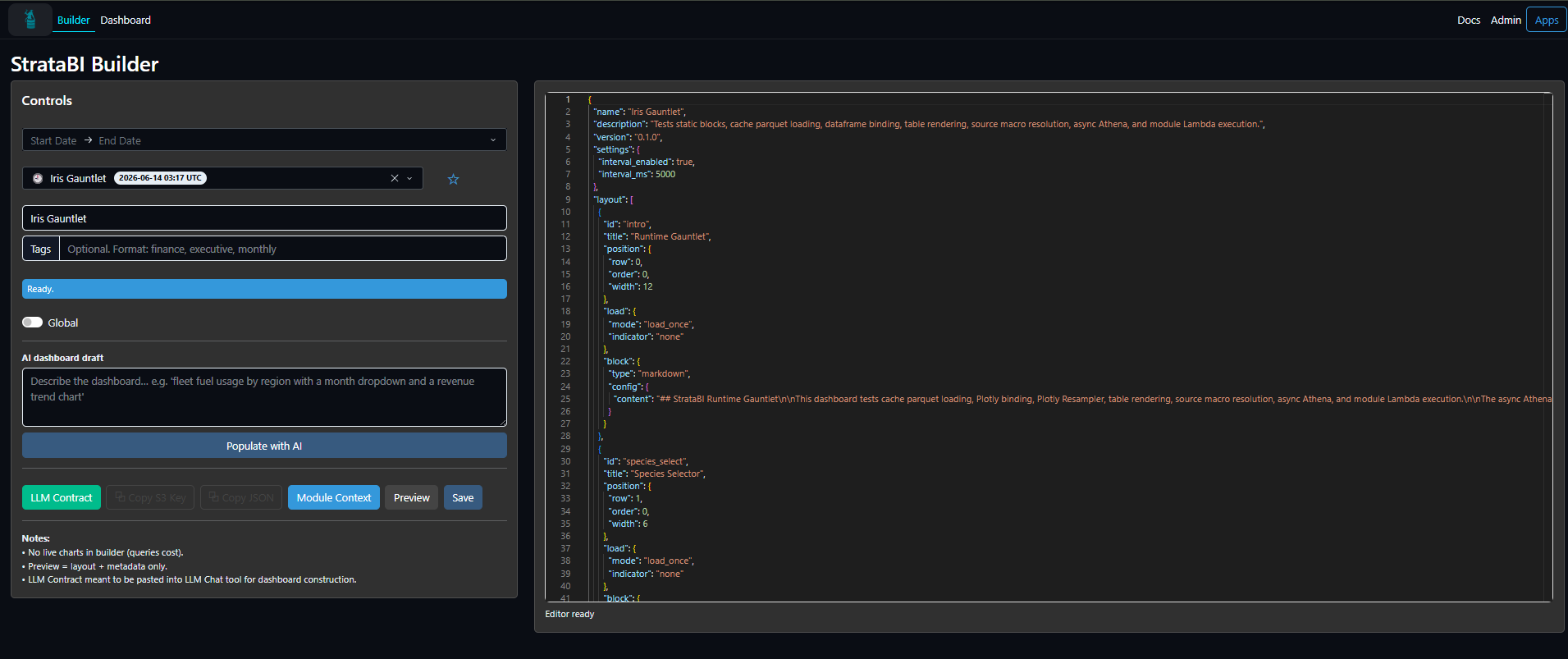 StrataBI builder — edit dashboard JSON in a Monaco editor, or generate it with AI